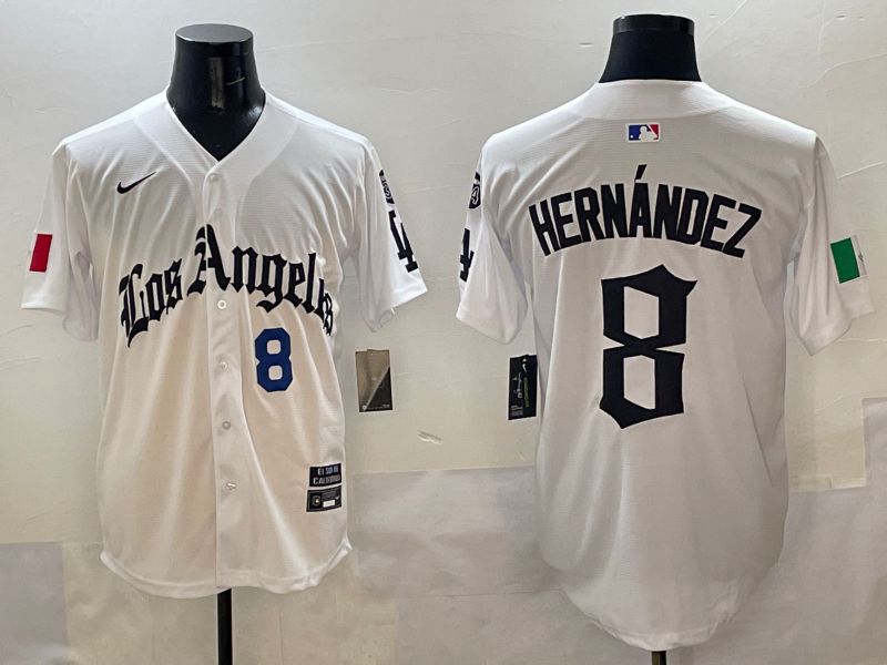 Men Los Angeles Dodgers 8 Hernandez White Five generations Joint Name 2025 Nike MLB Jersey style 3